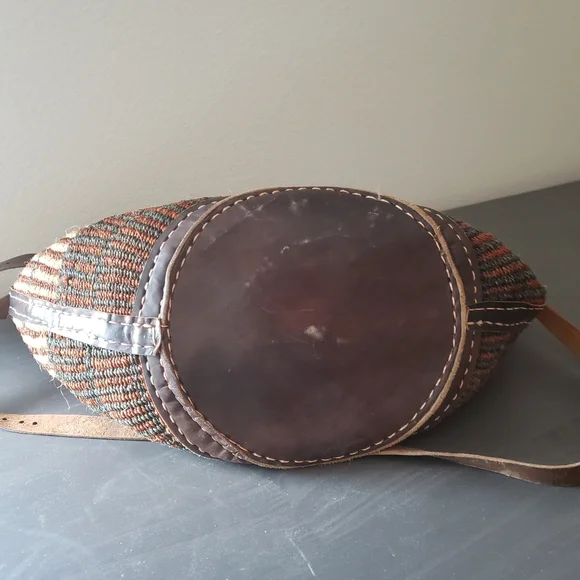 Handcrafted Brown and Tan Woven Tote Bag With Leather Handles - Picture 2 of 8